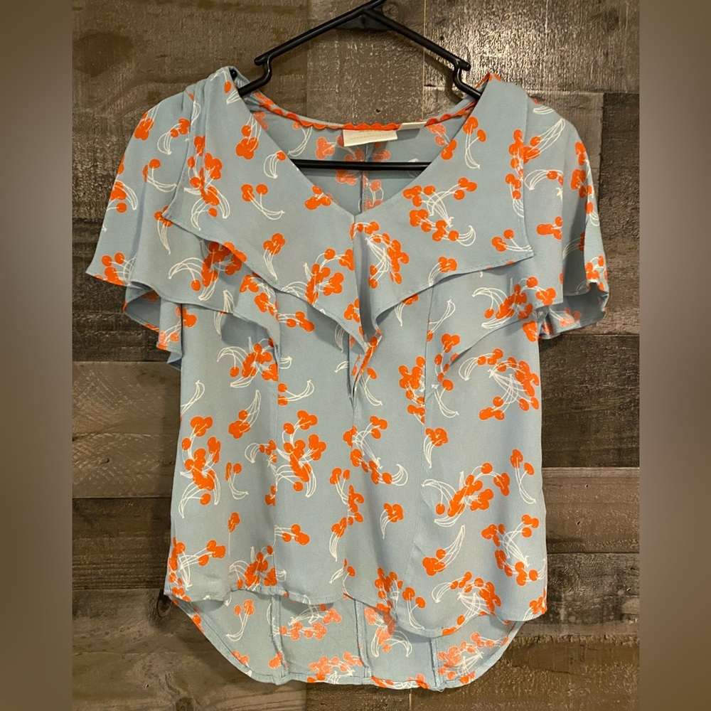 Maeve Top with Blue and Orange Print.